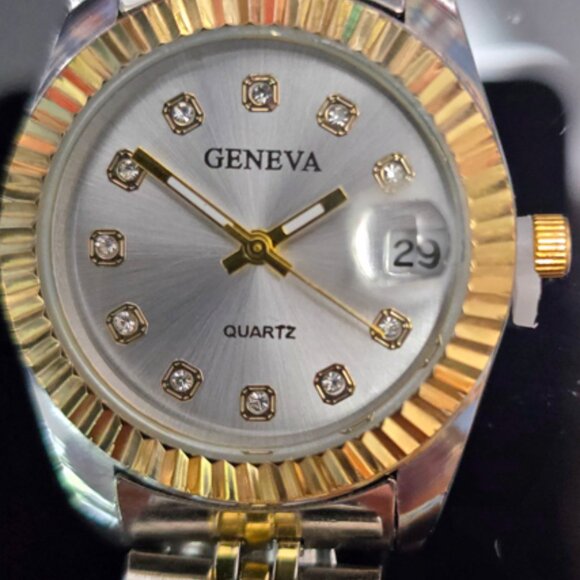 Geneva Ladies Rhinestone Silver Dial Watch Two-Tone Gold/Silver Bracelet W/Date - Picture 6 of 16